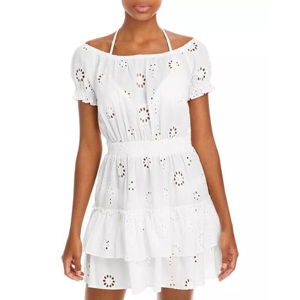 Aqua Swim Women’s Beach Coverup Tiered Peasant Dress Cotton Eyelet Ivory S NWT